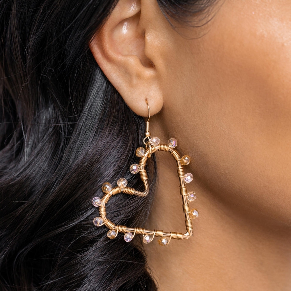 Gold Heart-Shaped Wire Earrings with Pink Accents